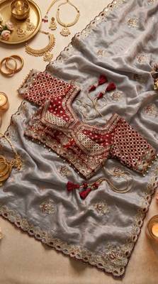 Grey Color Embroidery theard Work Satin Saree 5