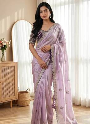 Lavender Color Embroidery theard Work Satin Saree 1