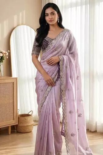 Lavender Color Embroidery theard Work Satin Saree