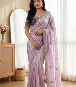 Lavender Color Embroidery theard Work Satin Saree