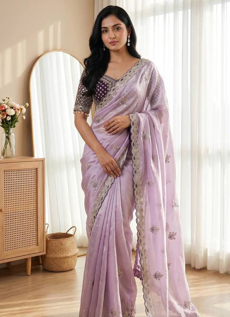 Lavender Color Embroidery theard Work Satin Saree