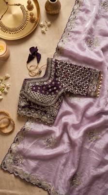 Lavender Color Embroidery theard Work Satin Saree 3