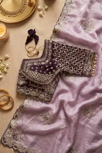 Lavender Color Embroidery theard Work Satin Saree