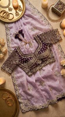 Lavender Color Embroidery theard Work Satin Saree 4