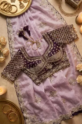 Lavender Color Embroidery theard Work Satin Saree