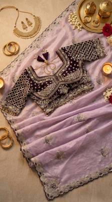 Lavender Color Embroidery theard Work Satin Saree 5