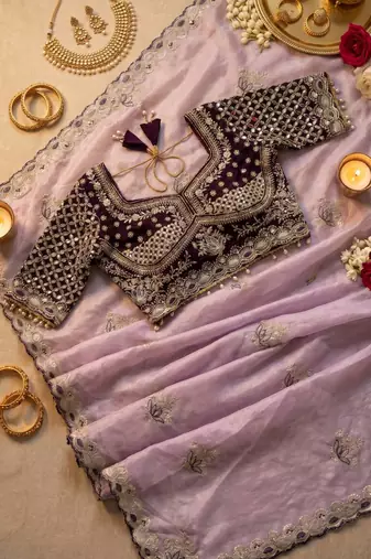 Lavender Color Embroidery theard Work Satin Saree