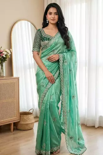 Sea Green Color Embroidery theard Work Satin Saree