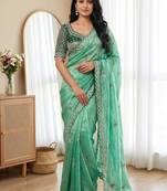 Sea Green Color Embroidery theard Work Satin Saree
