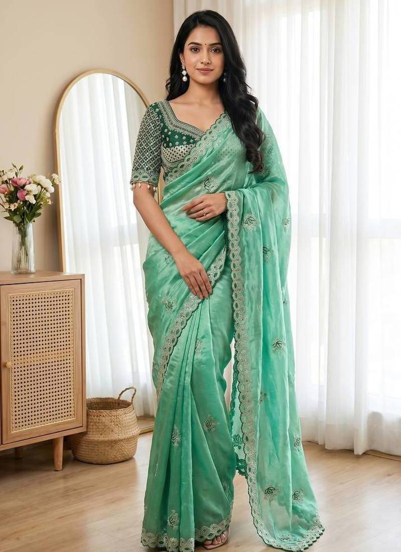 Sea Green Color Embroidery theard Work Satin Saree