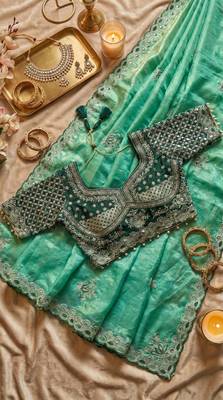 Sea Green Color Embroidery theard Work Satin Saree 3