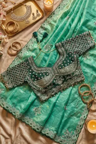 Sea Green Color Embroidery theard Work Satin Saree
