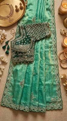Sea Green Color Embroidery theard Work Satin Saree 4