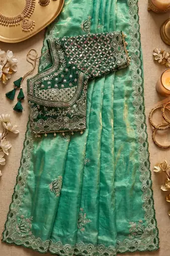 Sea Green Color Embroidery theard Work Satin Saree