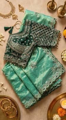 Sea Green Color Embroidery theard Work Satin Saree 5