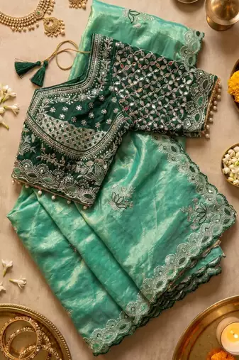 Sea Green Color Embroidery theard Work Satin Saree