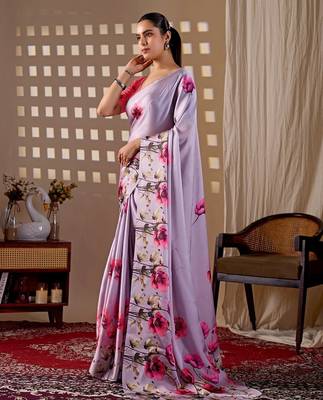 Elegant Lavender Floral Printed Saree for Women 2