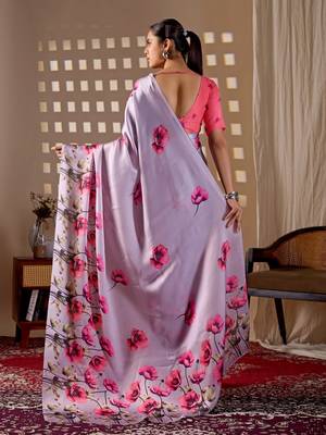 Elegant Lavender Floral Printed Saree for Women 3