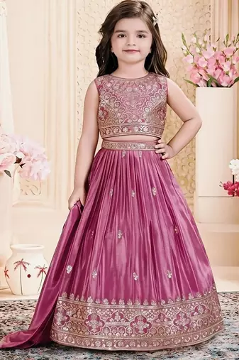 Designer chinon silk embroidered work wedding lehenga for kids