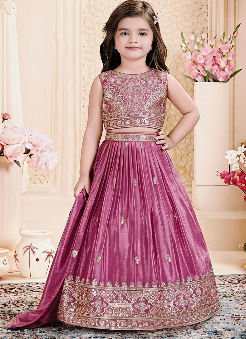 Designer chinon silk embroidered work wedding lehenga for kids