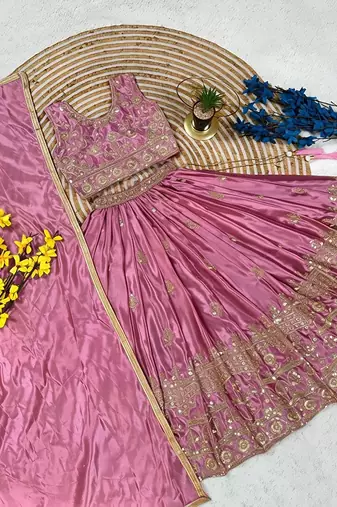 Designer chinon silk embroidered work wedding lehenga for kids