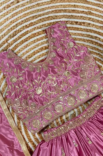Designer chinon silk embroidered work wedding lehenga for kids