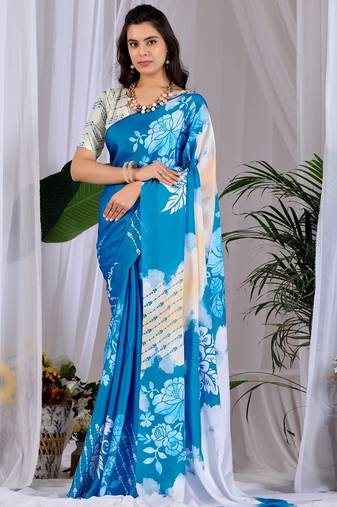 Elegant Blue Floral Printed Saree for Women