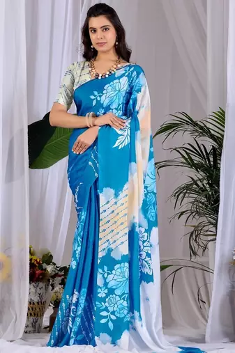 Elegant Blue Floral Printed Saree for Women