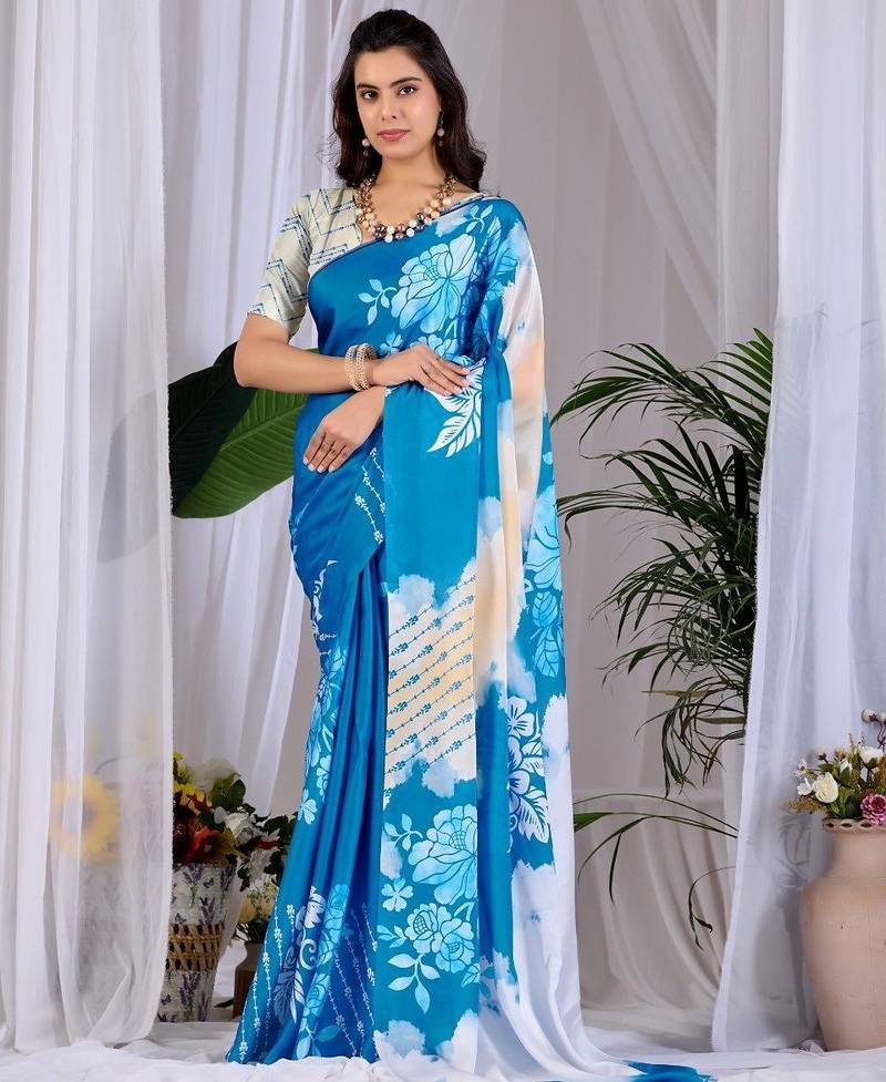 Elegant Blue Floral Printed Saree for Women