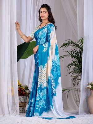 Elegant Blue Floral Printed Saree for Women 2