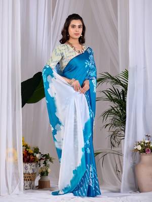 Elegant Blue Floral Printed Saree for Women 3