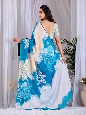 Elegant Blue Floral Printed Saree for Women 4