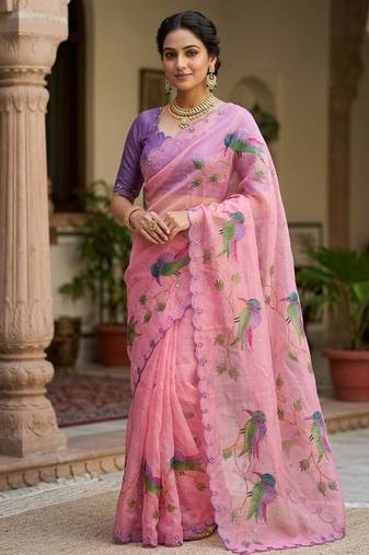 Pink Color printed with khatli work  orgrnza Saree