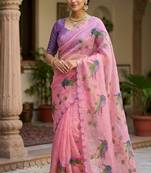 Pink Color printed with khatli work  orgrnza Saree