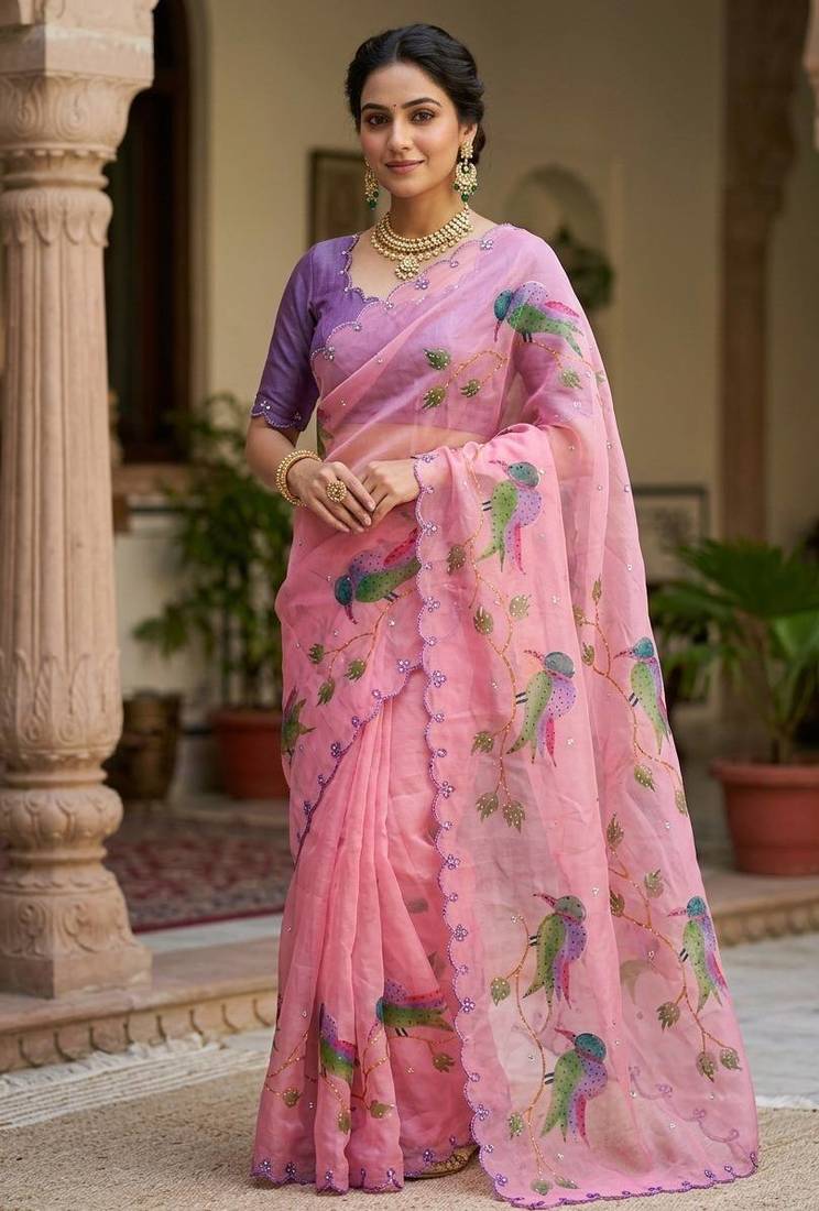 Pink Color printed with khatli work  orgrnza Saree
