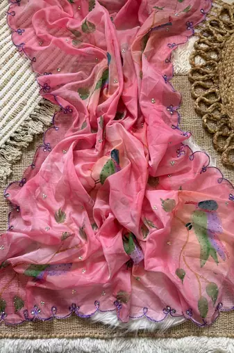 Pink Color printed with khatli work  orgrnza Saree