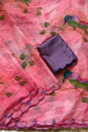 Pink Color printed with khatli work  orgrnza Saree