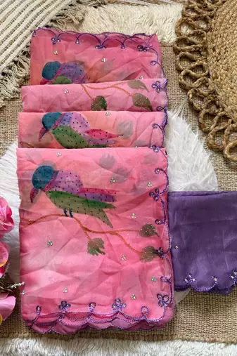 Pink Color printed with khatli work  orgrnza Saree