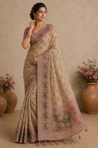 Cream Color digital print and Khatli kut dana work  Silk Blend Saree