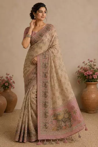 Cream Color digital print and Khatli kut dana work  Silk Blend Saree