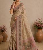 Cream Color digital print and Khatli kut dana work  Silk Blend Saree