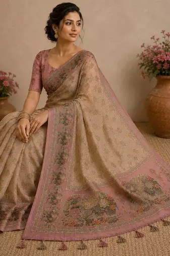 Cream Color digital print and Khatli kut dana work  Silk Blend Saree