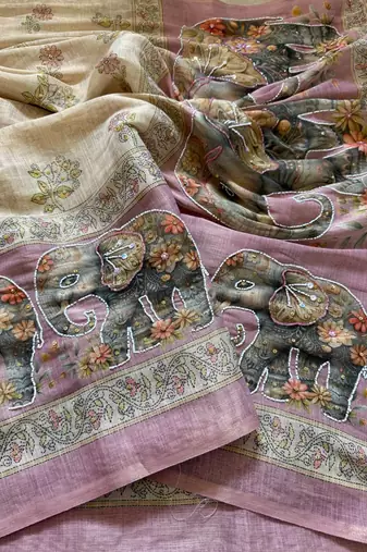 Cream Color digital print and Khatli kut dana work  Silk Blend Saree