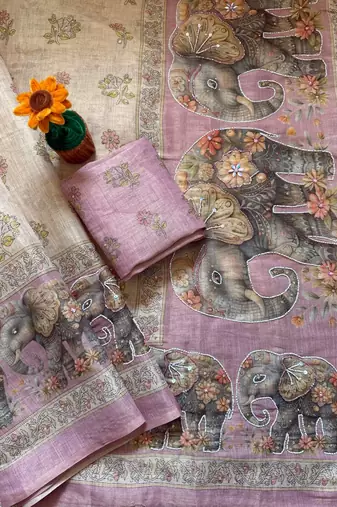 Cream Color digital print and Khatli kut dana work  Silk Blend Saree