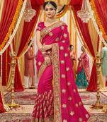 Slub chiffon wedding wear saree in rani pink with embroidery work & crystal stone work