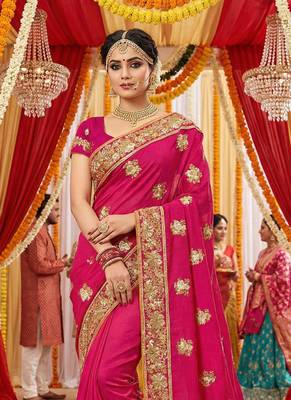 Slub chiffon wedding wear saree in rani pink with embroidery work & crystal stone work 2
