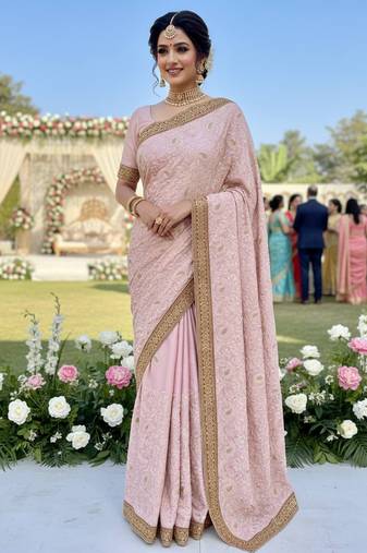 Metallic silk party wear saree in pink with embroidery work & crystal stone work