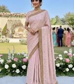 Metallic silk party wear saree in pink with embroidery work & crystal stone work