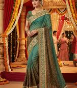 Pure sateen silk bridal wear saree in green with embroidery work & crystal stone work
