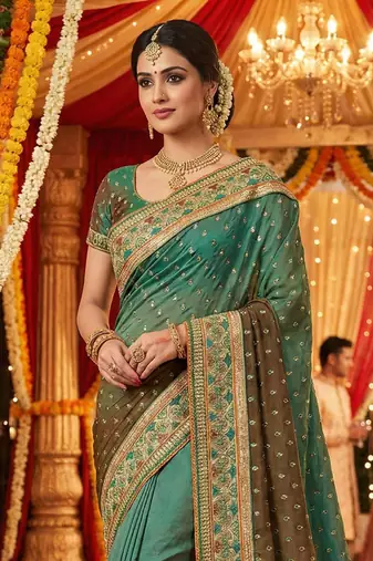 Pure sateen silk bridal wear saree in green with embroidery work & crystal stone work